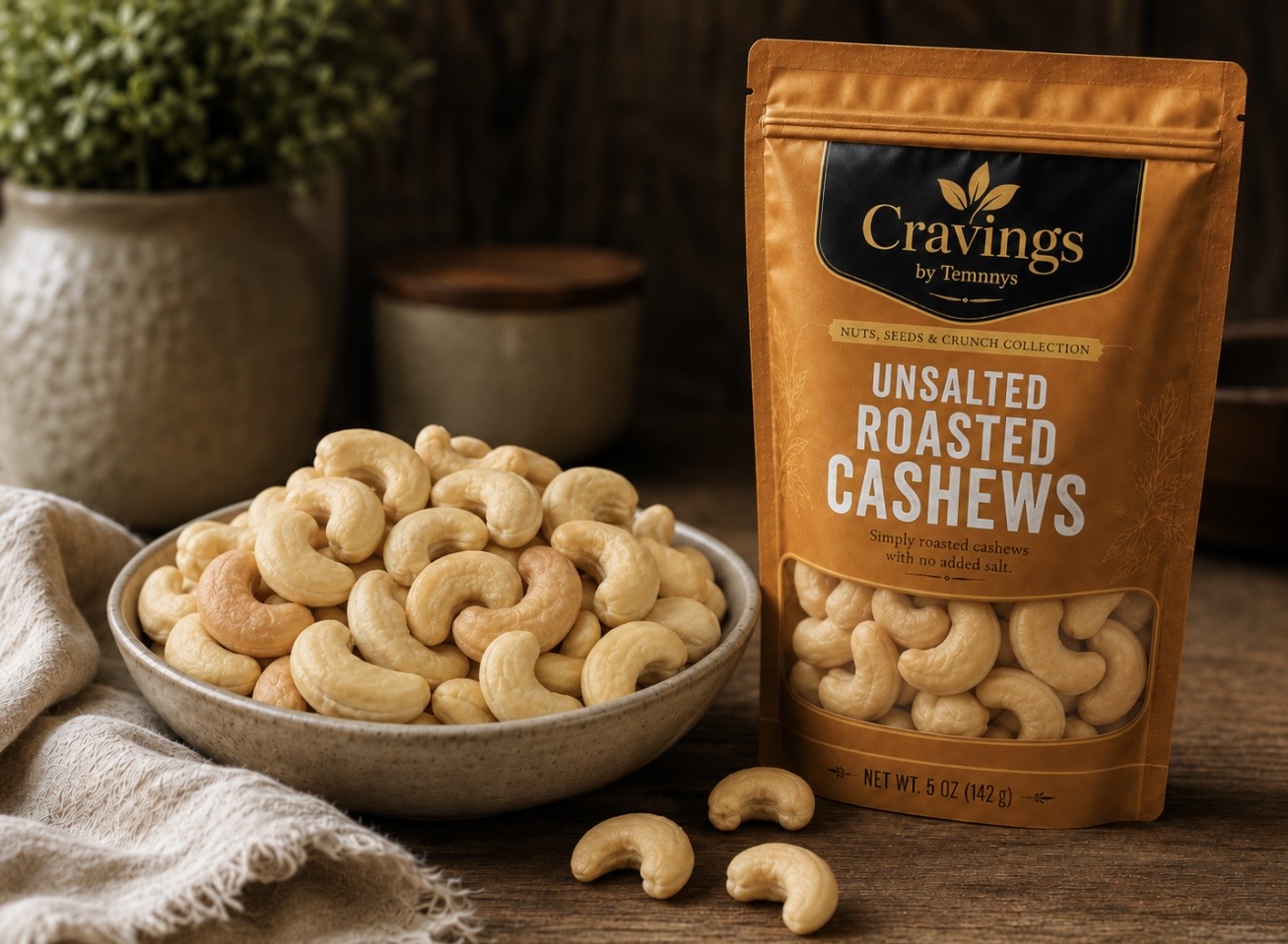 Cravings by Temnnys Unsalted Roasted Cashews pouch beside a bowl of cashews