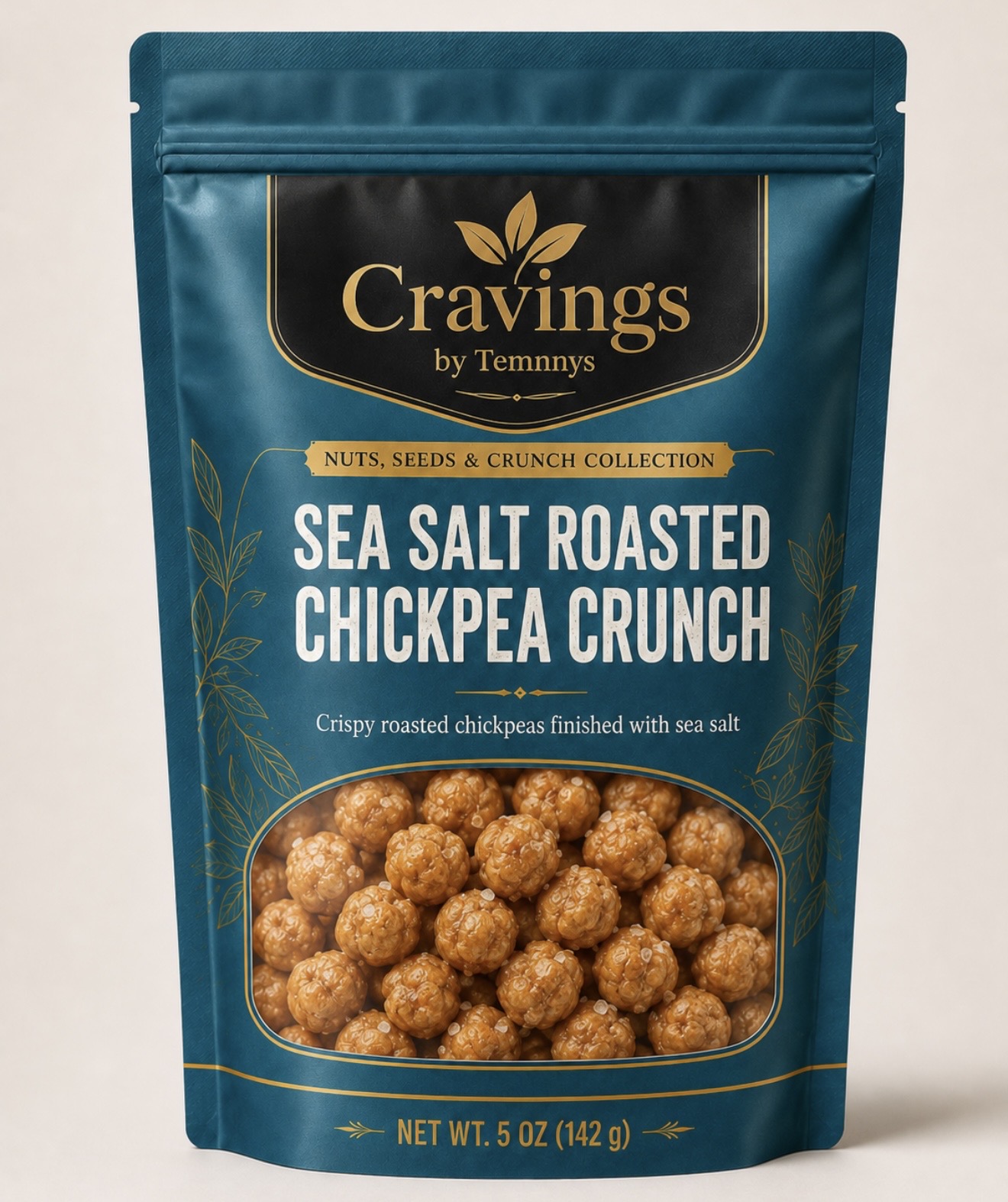 Cravings by Temnnys Sea Salt Roasted Chickpea Crunch pouch with a bowl of roasted chickpeas